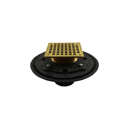 Jones Stephens 3in Heavy Duty No Hub Floor Drain/Shower Drain, 10in Pan, 6in Polished Brass Square Strainer D80215